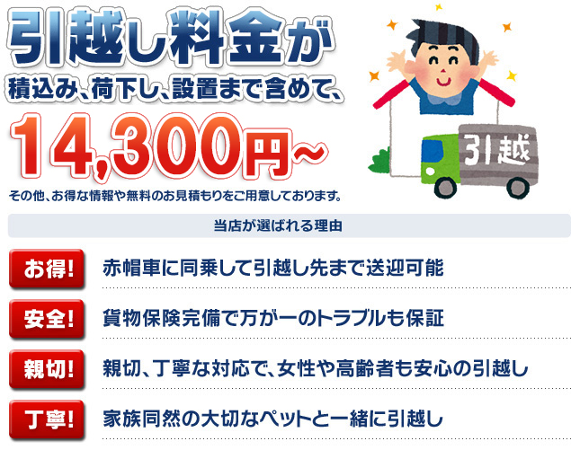 引越し料金が積込み、荷下し、設置まで含めて、14,300円〜